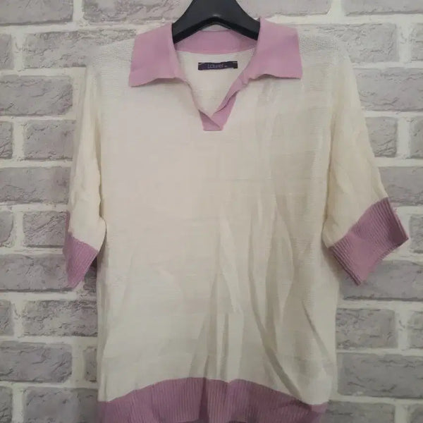 [BUNJANG] LAUREL Colorblock Short Sleeve Knit Top / LAUREL/연보라배색 아이보리 반팔니트44-55/알뜰한여우