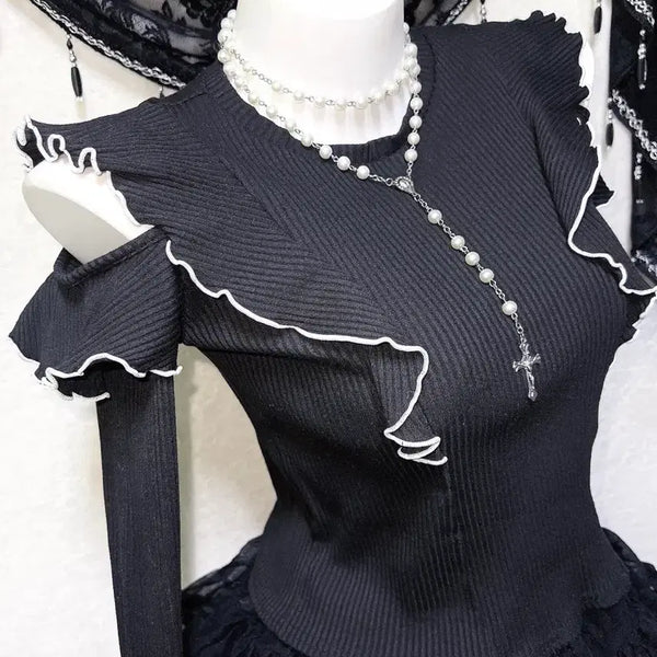 [BUNJANG] Romantic Gyaru Gothic Lolita Ruffle Shoulder Cut Top / 로맨틱갸루 고딕 고스로리 프릴 러플 숄더트임 로걀탑 공겜여주 핀터 세라