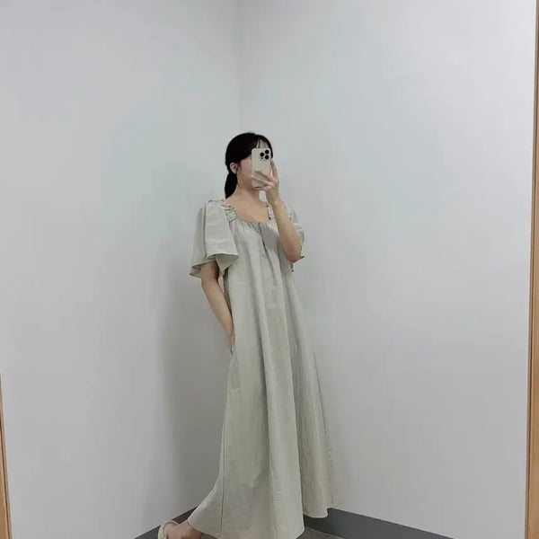 [BUNJANG] Square Neck Shirring Wing Sleeve Long Dress - Plus Size, Maternity Friendly / 새상품 시원한 스퀘어넥 셔링 날개 반팔 롱 원피스 빅사이즈 임부복 가능