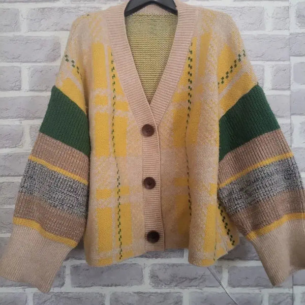 [BUNJANG] Yellow Check Color-Block Loose Fit Cardigan / 옐로우 체크 배색 루즈핏가디건/알뜰한여우