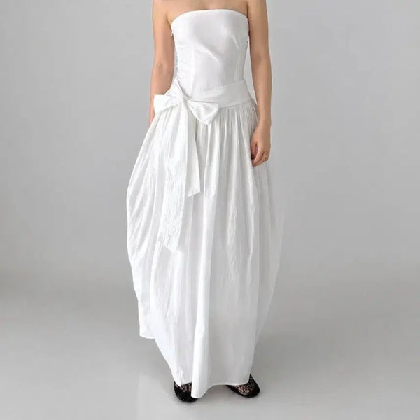 [BUNJANG] Casual Wedding White Tube Top Balloon Dress with Ribbon Detail / 캐주얼 웨딩 화이트 튜브탑 리본 벌룬 드레스