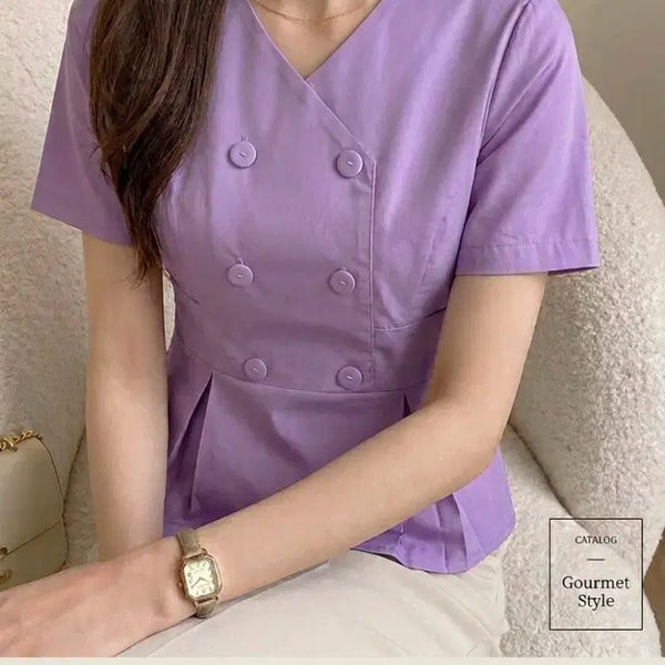 [BUNJANG] Purple Double-Button Short-Sleeve Blouse / 보라색 더블 버튼 반팔 블라우스 66가단48-60