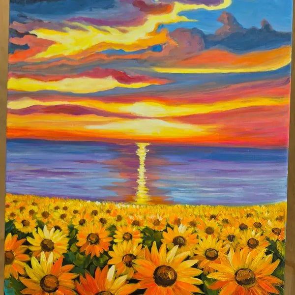 [BUNJANG] Sunflower Field and Sunset Oil Painting on Canvas / 꿈결같이 피어나는 해바라기들
