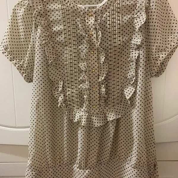 [BUNJANG] Vintage Japanese Beige Polka Dot Short Sleeve Blouse / 일본빈티지 베이지 도트 반팔 블라우스
