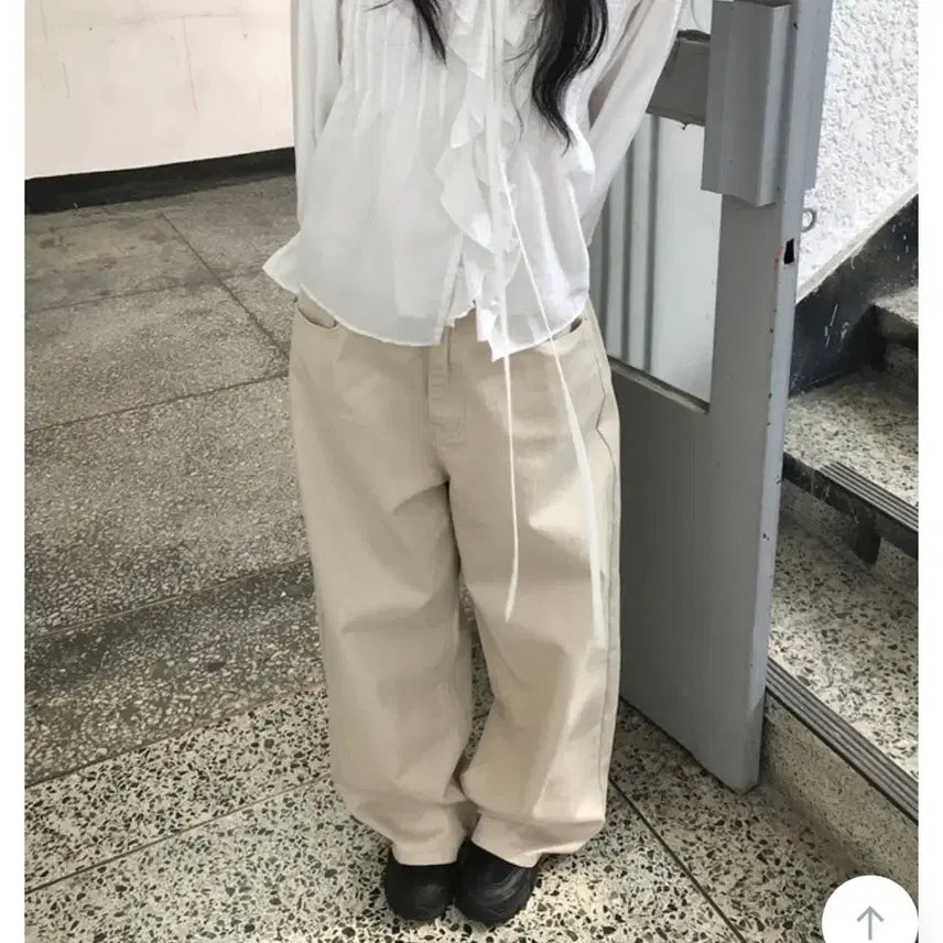 [BUNJANG] Wide Cotton Pants with Button Hem / M 연베이지 모브 밑단 버튼 와이드 코튼 팬츠 바지