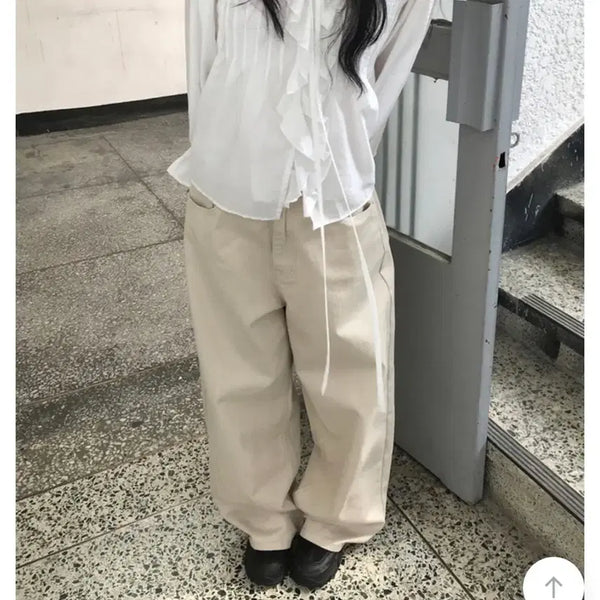 [BUNJANG] Wide Cotton Pants with Button Hem / M 연베이지 모브 밑단 버튼 와이드 코튼 팬츠 바지