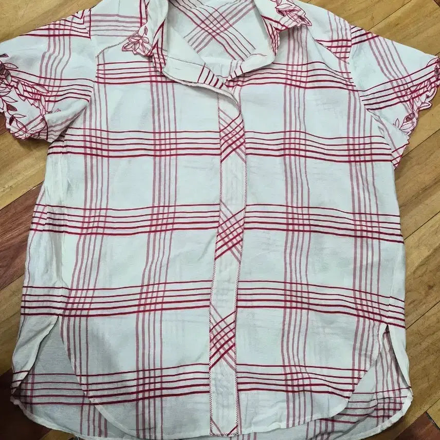 [BUNJANG] OBZEE Italy Rayon Shirt Red Plaid Floral Embroidery / 오브제 이태리레이온셔츠