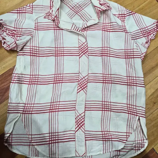 [BUNJANG] OBZEE Italy Rayon Shirt Red Plaid Floral Embroidery / 오브제 이태리레이온셔츠