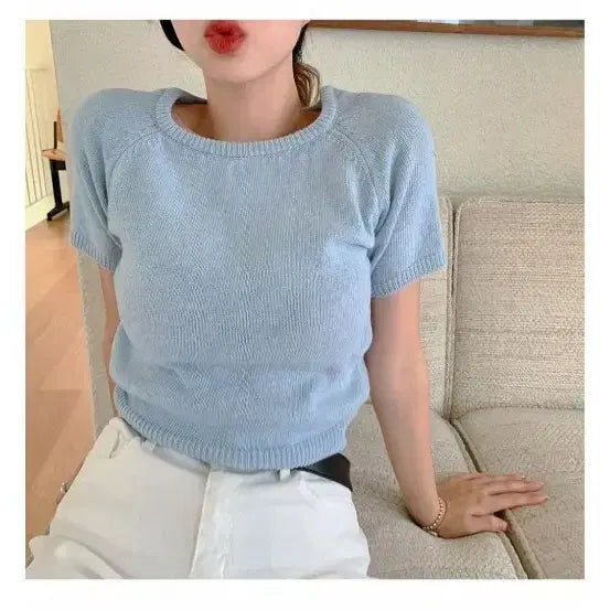 [BUNJANG] Short Sleeve Knit Top - Sky Blue / 반팔 니트 하늘색 썸머니트