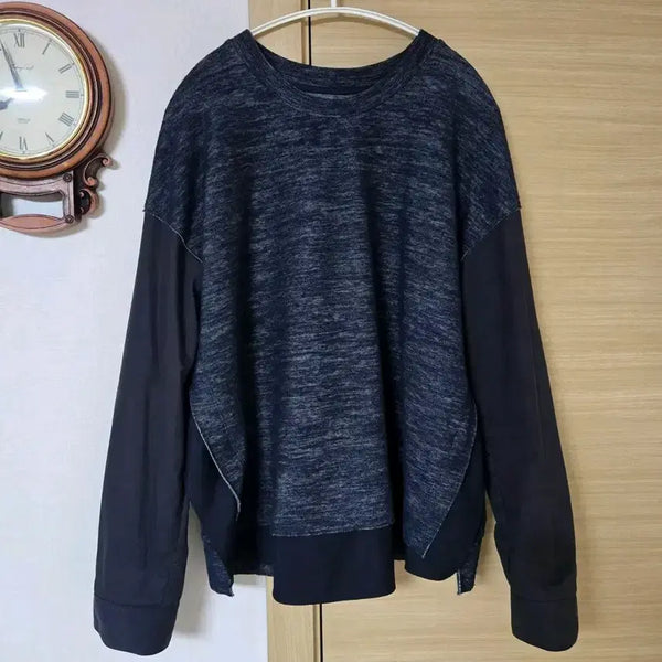 [BUNJANG] KUHO Mélange Sleeve Color-Block Blouse - Dark Navy / 구호(KUHO) 멜란지 소매 배색 블라우스