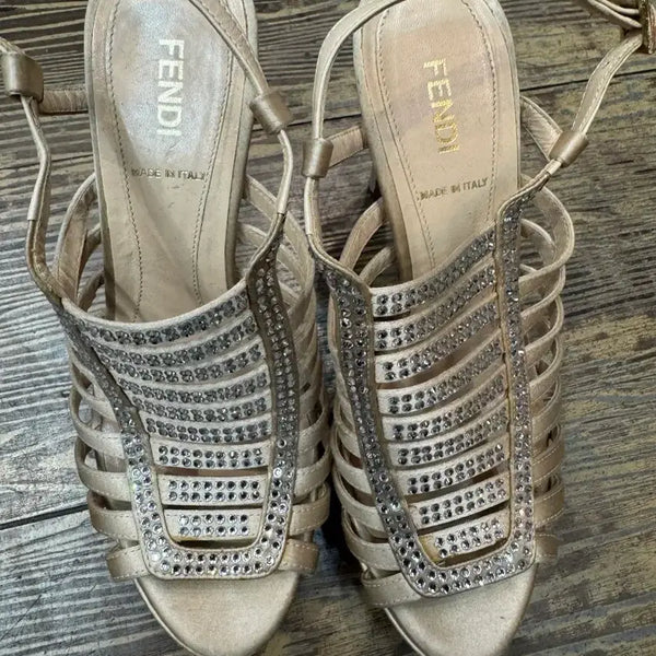 [BUNJANG] Fendi Crystal Champagne Gold Strap Sandal Heels / 펜디 크리스탈 샴페인 골드 스트랩 샌들힐230