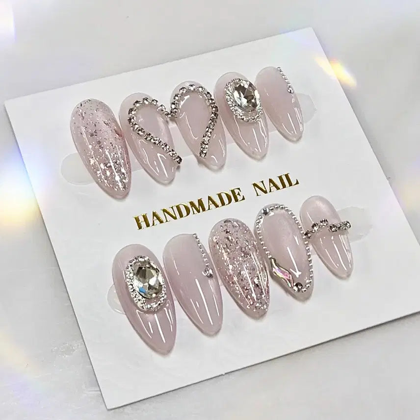 [BUNJANG] Handmade Nail Tips - Nude Pink with Heart Cubic and Stone Accent / 월드컵기간할인) 수제 네일팁