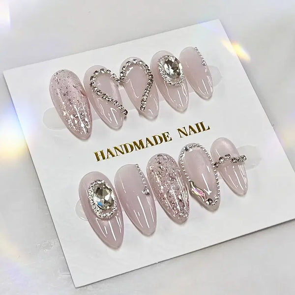 [BUNJANG] Handmade Nail Tips - Nude Pink with Heart Cubic and Stone Accent / 월드컵기간할인) 수제 네일팁
