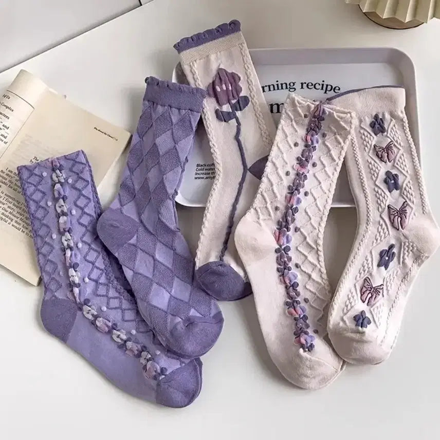 [BUNJANG] Flower Embroidered Socks Set (5 Pairs) / 플라워 자수 양말 세트(새상품)
