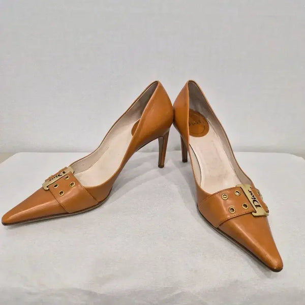 [BUNJANG] Dior Women's Brown Leather Pumps with Gold Logo Accent / Dior 디올 정품 여성 구두 브라운 펌프스힐