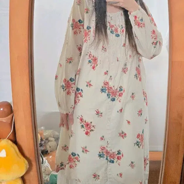 [BUNJANG] Vintage Fairy Mori Girl Flower Pattern Long Blouse Dress / 빈티지 페어리 모리걸 플라워 패턴 롱 블라우스 원피스