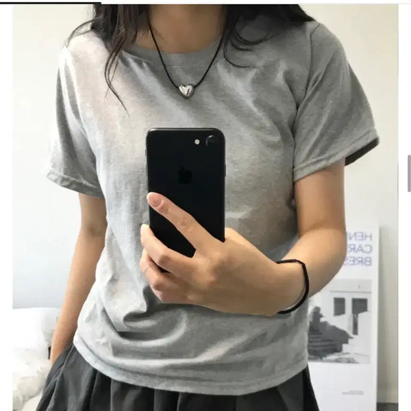 [BUNJANG] Basic Fit Cotton U-Neck Short Sleeve T-Shirt - Mélange Grey / 메란지 그레이 회색 기본핏 코튼 유넥 반팔 티셔츠