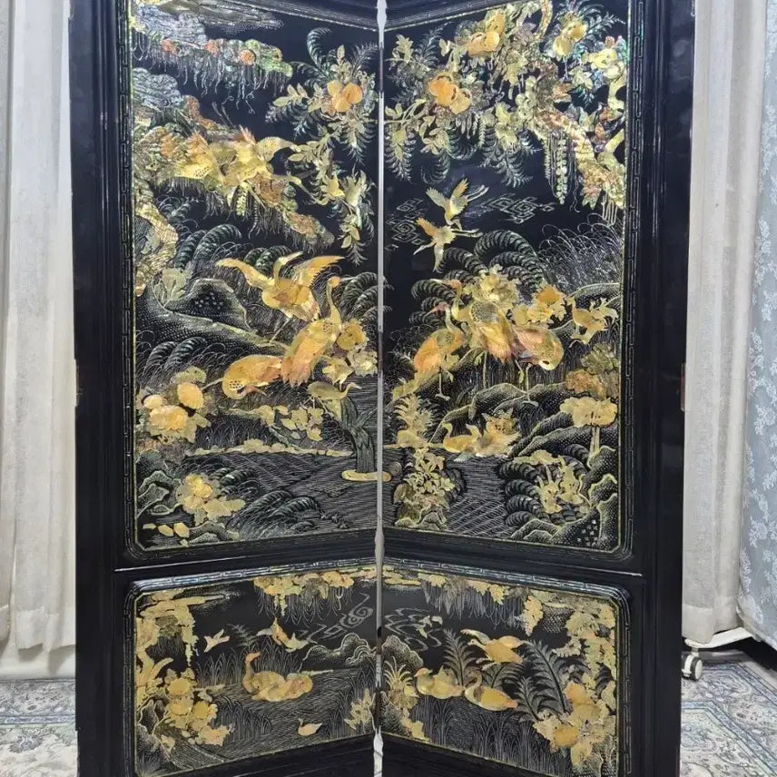 [BUNJANG] 1970s Vintage Gold Mother-of-Pearl 2-Panel Folding Screen / N4-9 70s 빈티지 '금빛' 나전칠기 2폭 자개 병풍 파티션