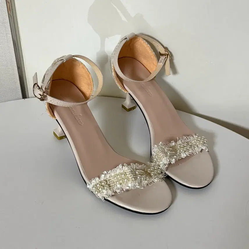 [BUNJANG] Ivory Tweed Strap Heeled Sandals (235 Size, 7cm Heel) / #새상품 235사이즈 7cm 아이보리 트위드 샌들힐