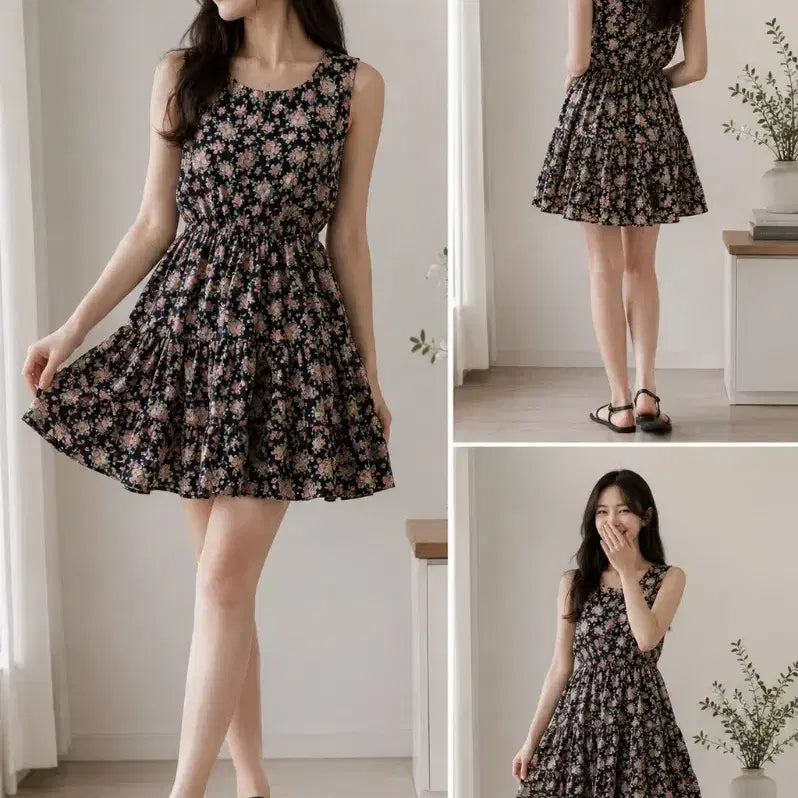 [BUNJANG] Black Flower Pattern Chiffon Midi Dress / (새상품)블랙 플라워 패턴 쉬폰 미디 원피스 55