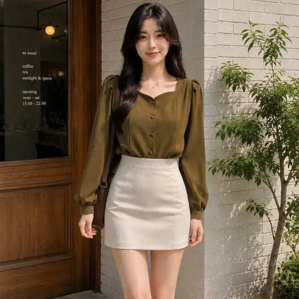 [BUNJANG] Khaki Brown Puff Sleeve Square Neck Blouse / 카키 브라운 퍼프 블라우스