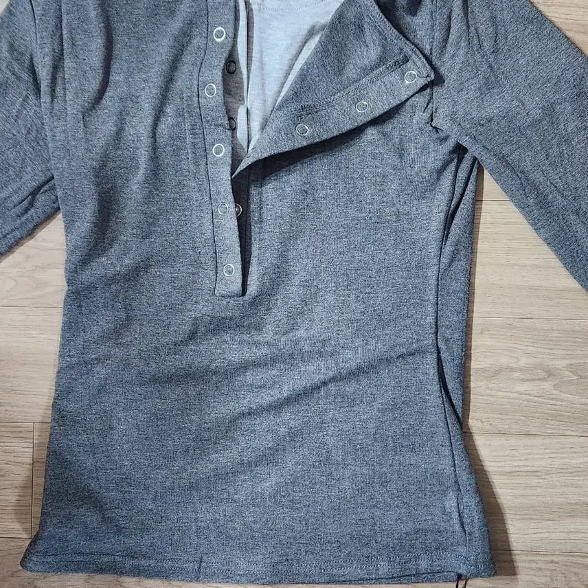 [BUNJANG] Men's Long Sleeve Henley T-Shirt - Gray (New) / 헨리넥 긴팔 티셔츠 그레이 새상품