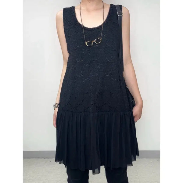 [BUNJANG] Provador Black Lace Pleated Sleeveless Midi Dress / 일본빈티지 블랙 레이스 플리츠 슬리브리스 미디 원피스