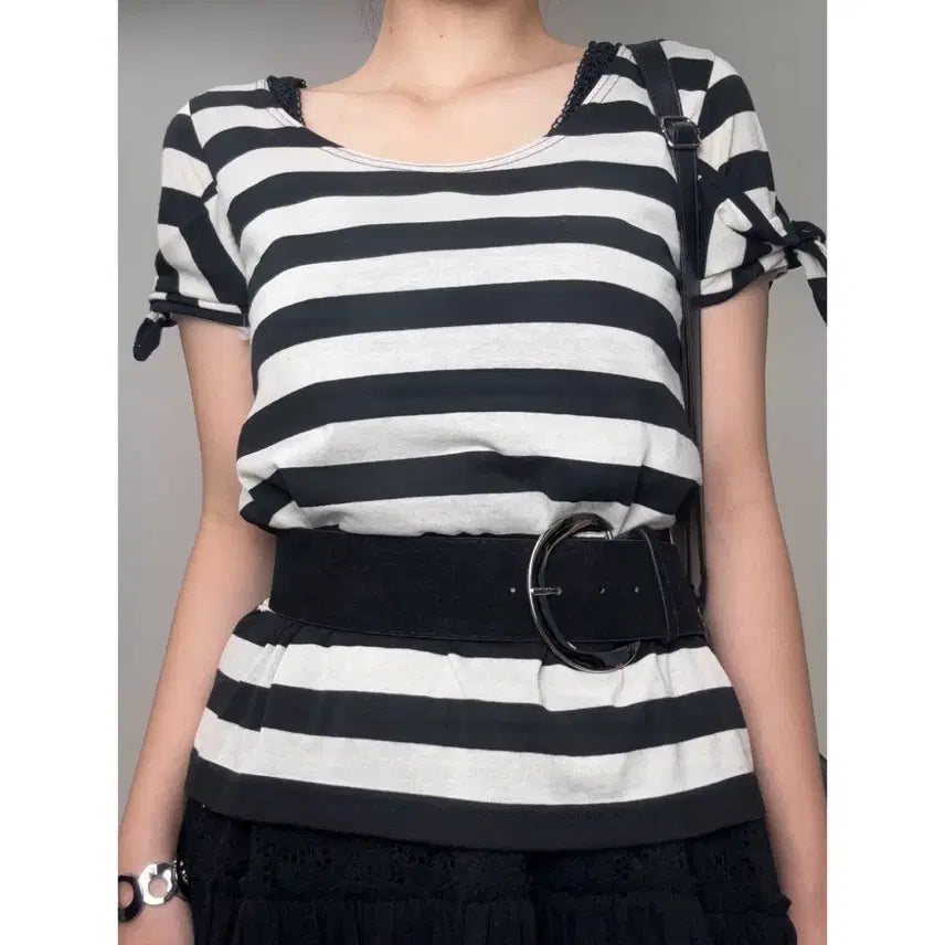 [BUNJANG] Broderie & Tea Striped Short Sleeve Blouse / 일본빈티지 스트라이프 반팔 블라우스