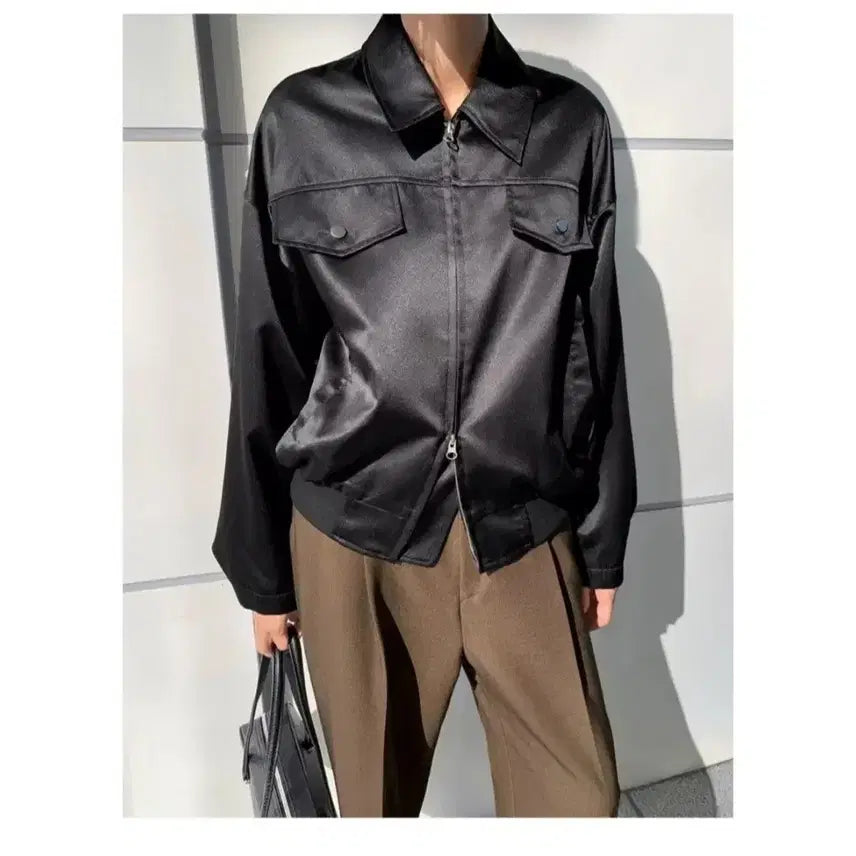 [BUNJANG] 45th Street Satin Blouson Jumper - Black, One Size / 45번가 새틴 블루종 점퍼 - 블랙,프리
