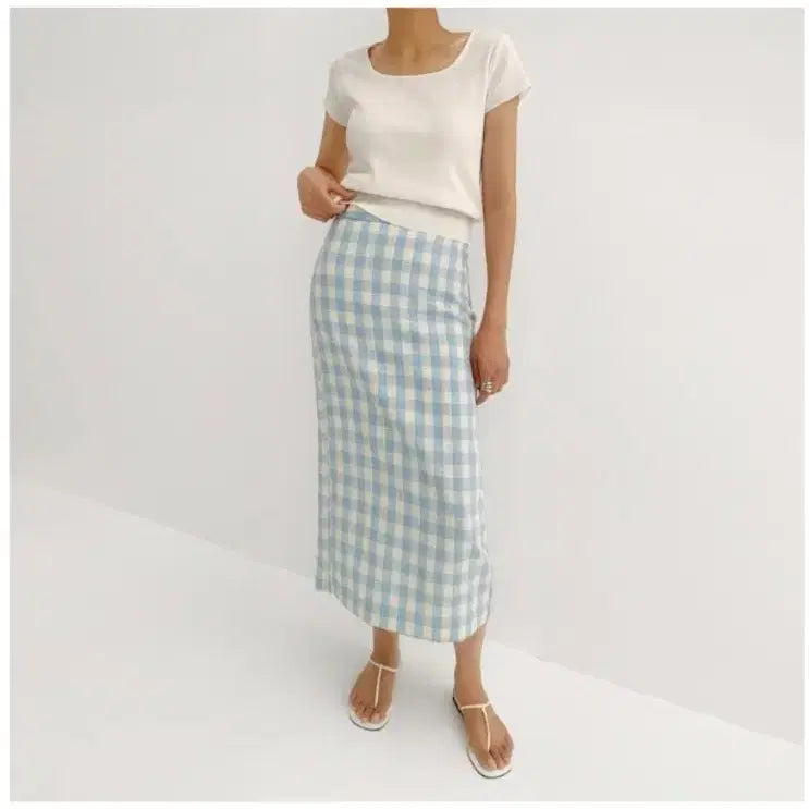 [BUNJANG] 45th Street Humming Check Skirt - Sky Blue (M) / 45번가 허밍 체크 스커트 - 소라 M