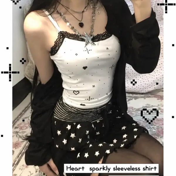 [BUNJANG] White Lace Heart Pattern Sleeveless Tank Top / 레이스 하트 패턴 민소매 화이트 나시 에이블리 딸기부티크 교신
