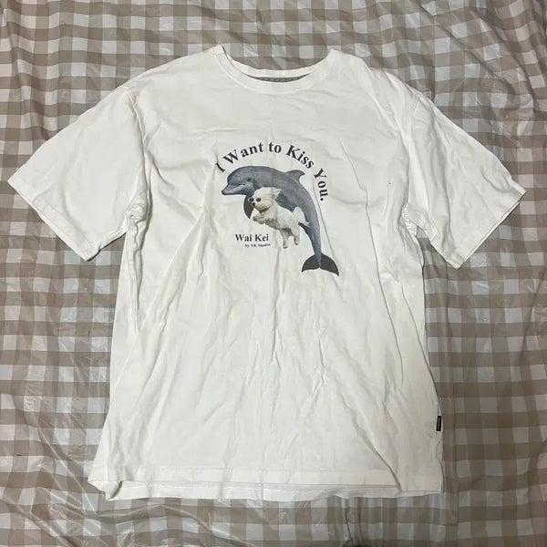 [BUNJANG] YK Dolphin Dog Short Sleeve T-Shirt White / 와이케이 돌고래 강아지 반팔 2 반팔티 화이트 티셔츠