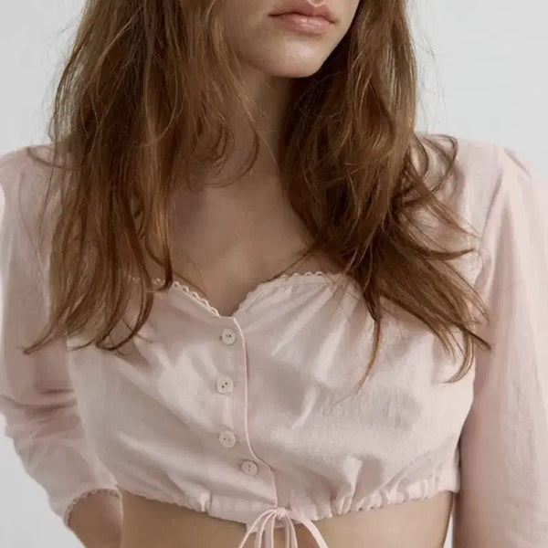 [BUNJANG] OVERDUELAYER Cotton Crop Blouse Baby Pink / 오버듀플레어 코튼 크롭 블라우스 베이비핑크