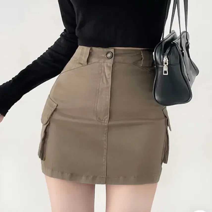 [BUNJANG] Avery Cargo Span Slim Mini Skirt Khaki / 에이블리 카고 스판 슬림 미니 스커트 카키