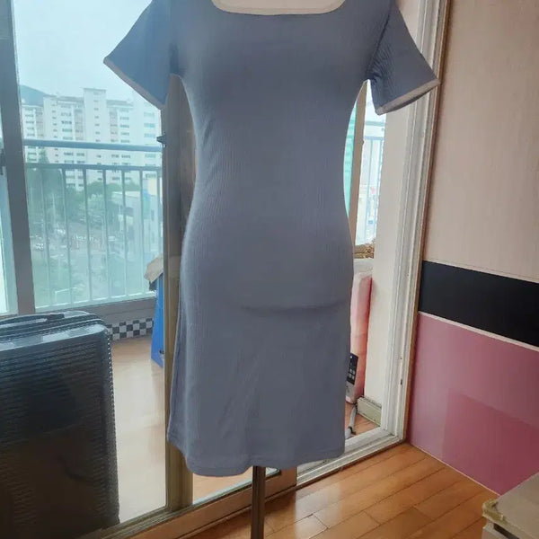[BUNJANG] Square Neck Short Sleeve Mini Dress Sky Blue / 스퀘어넥 반팔 미니 원피스 하늘색