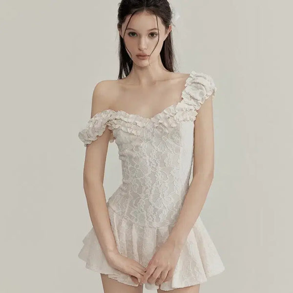 [BUNJANG] Testmechainism Jacquard Lace Frill Flare Mini Dress / Testmechainism 자카드 레이스 프릴 플레어 미니 드레스(실사O