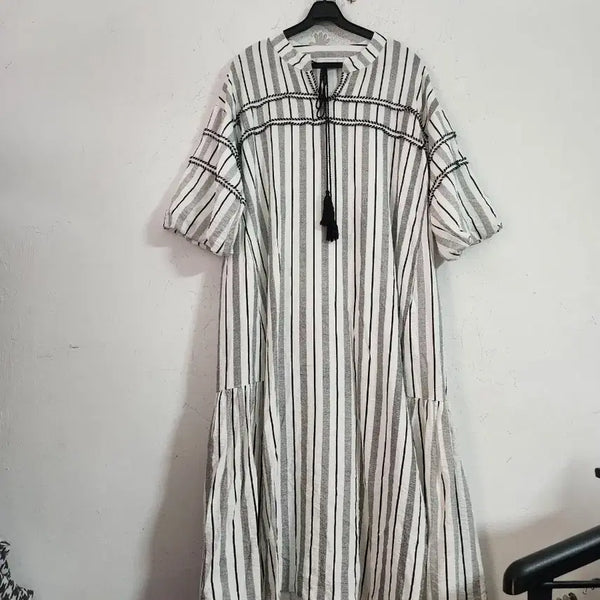 [BUNJANG] Stripe Long Dress 5-Sleeve Puff Sleeve / 스트라이프 롱 원피스 5부 퍼프소매