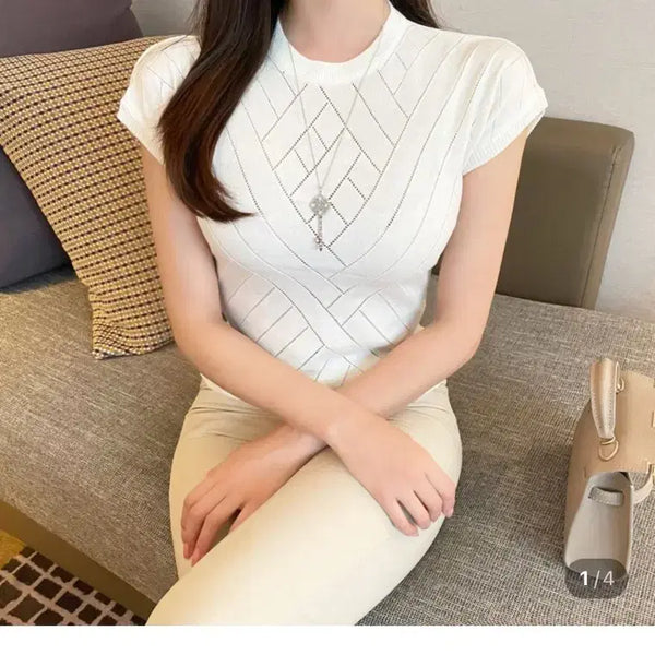 [BUNJANG] Roy Cap Sleeve Knit Pattern Sleeveless T-Shirt / 4.6->2.3 로이 캡소매 나시 패턴 반팔 니트 수입의류