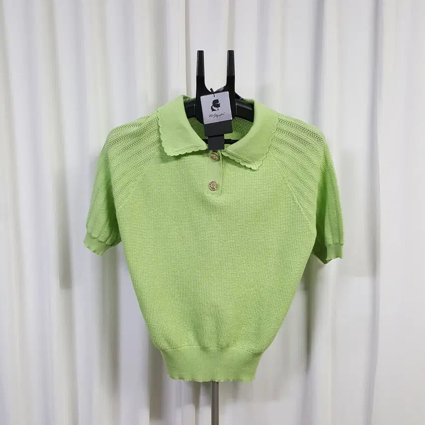 [BUNJANG] KARL LAGERFELD Women's Knit Short Sleeve Top Lime Size 88 / 23년 칼라거펠트 새상품 여성 카라 니트 반팔 라임 88 오일장 0331
