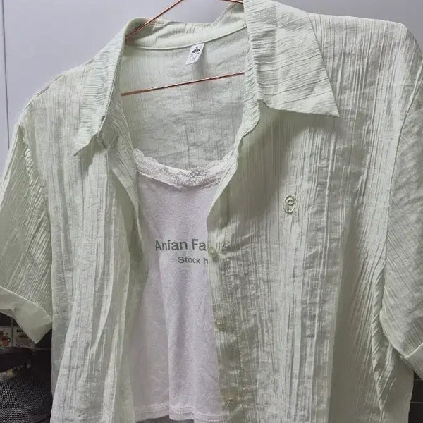 [BUNJANG] Lace Crop Tank Top + Short Sleeve Pastel Shirt Two-Piece Set / 레이스 크롭나시 + 반팔 파스텔 셔츠 투피스