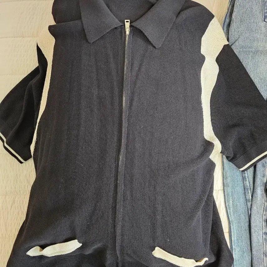 [BUNJANG] Knit Zip-Up Short Sleeve Top for Men / 니트집업 반팔 남