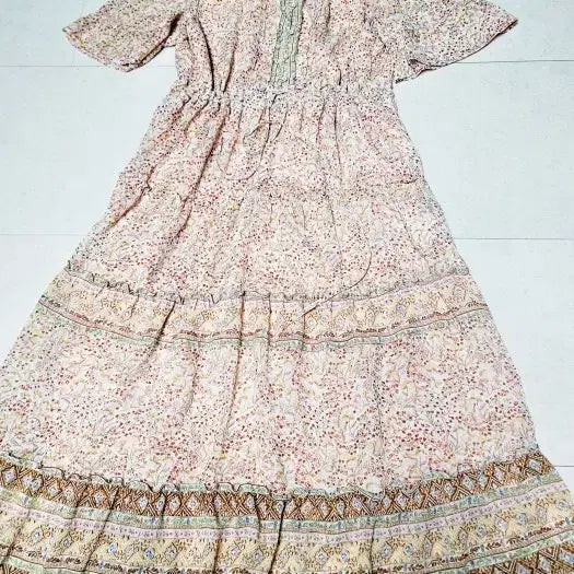 [BUNJANG] Thursday Island Pink Flower Border Mix Long Dress / 써스데이아일랜드 연핑크 플라워 보더믹스 롱원피스 폴1328