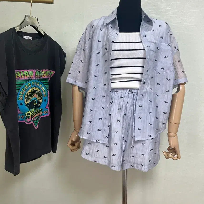 [BUNJANG] Ribbon Shirt and Shorts Set (Light Blue) / 리본셔츠반바지셋업(소라)