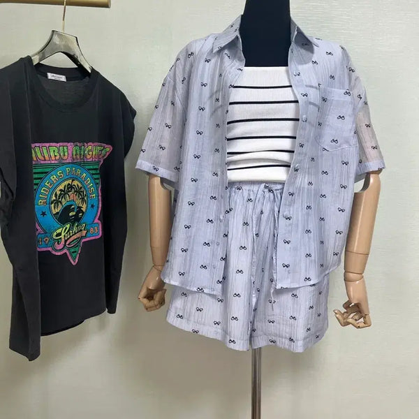 [BUNJANG] Ribbon Shirt and Shorts Set (Light Blue) / 리본셔츠반바지셋업(소라)