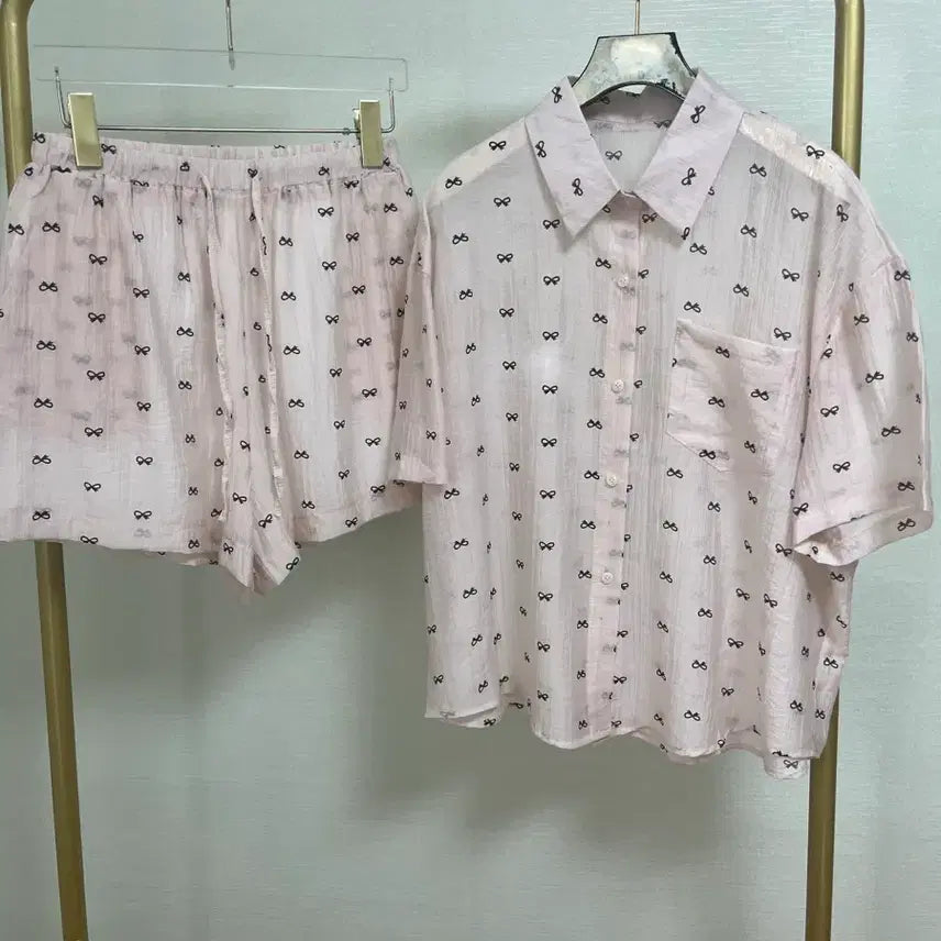 [BUNJANG] Ribbon Shirt and Shorts Set (Pink) / 리본셔츠반바지셋업(핑크)