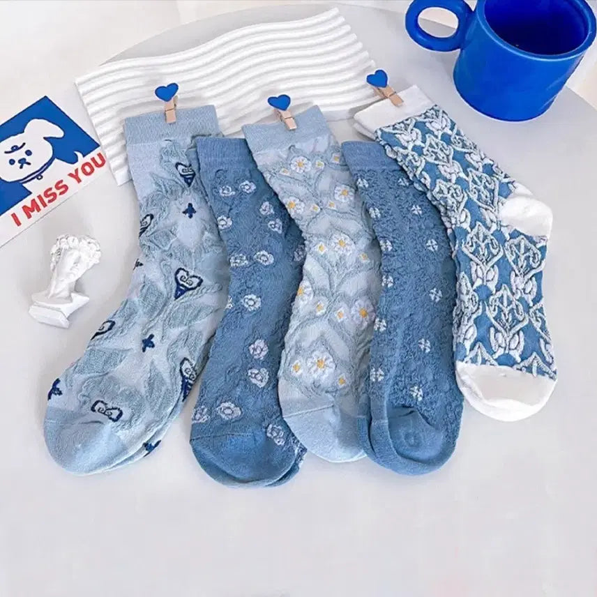 [BUNJANG] Flower Embroidered Socks 5-Pair Set / 플라워 자수 양말 5켤레세트 (새상품)