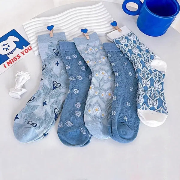 [BUNJANG] Flower Embroidered Socks 5-Pair Set / 플라워 자수 양말 5켤레세트 (새상품)