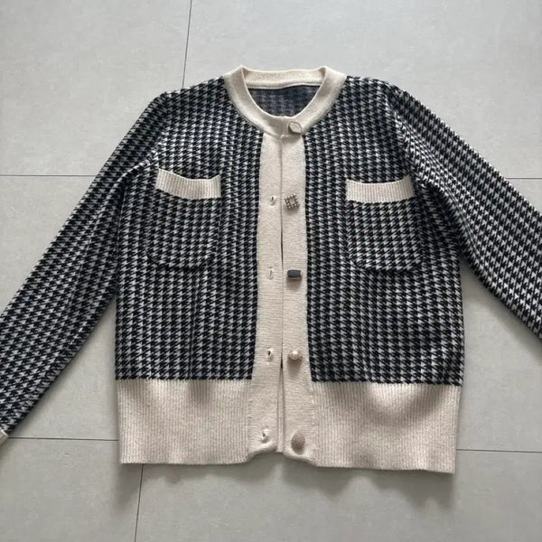[BUNJANG] Houndstooth Check Knit Cardigan / 하운드투스 체크 가디건 니트.