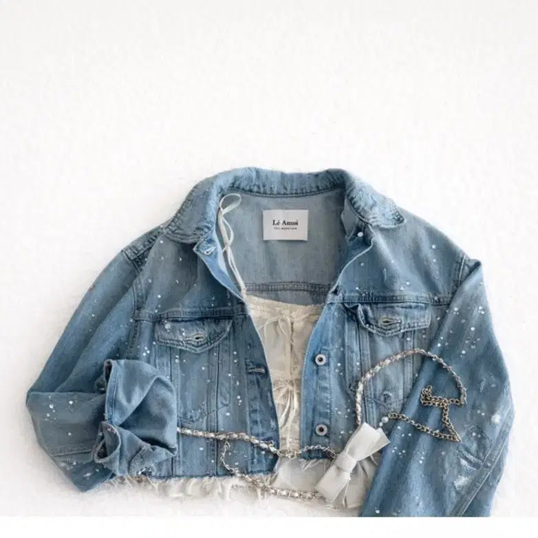 [BUNJANG] Angellum Pearl Crop Denim Jacket / 안젤룸 크롭 데님 자켓 진주