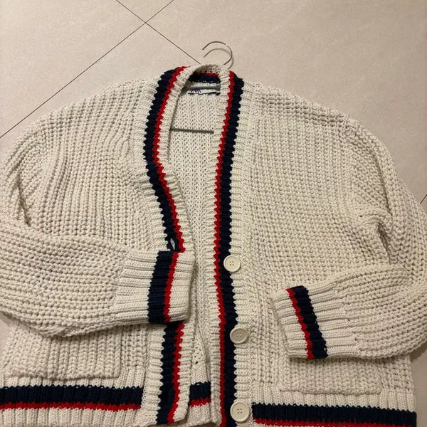 [BUNJANG] ZARA Color Block Knit Cardigan Sweater / ZARA 자라 크림 아이보리 배색 라인 니트 스웨터 가디건